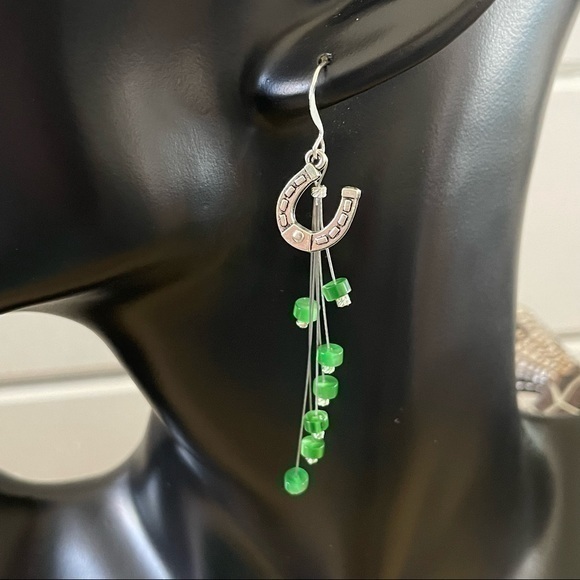 Whimsical Turtle Jewelry - $10 SALE Lucky Horseshoe Statement Earrings Green Mixed Metal 3” Long